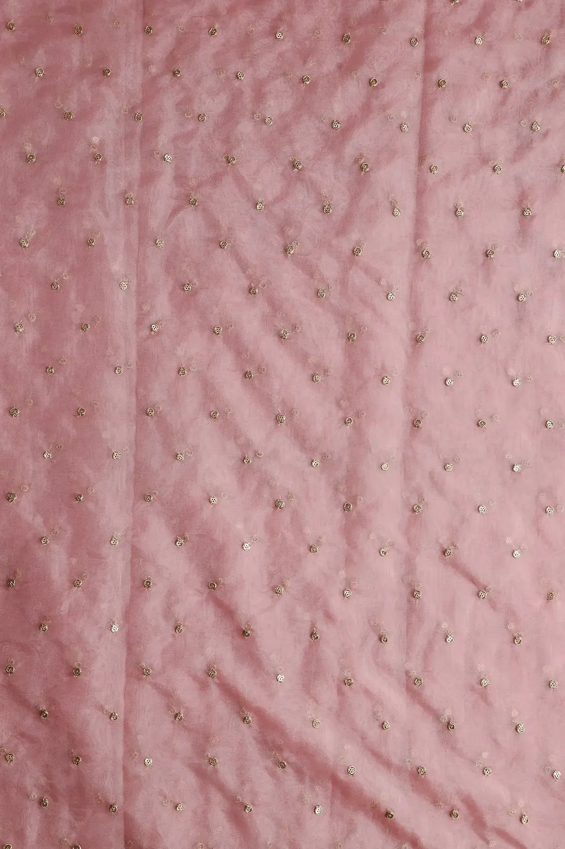 3.75 Meter Cut Piece Of Gold Zari With Gold Sequins Small Motif Embroidery On Pink Organza Fabric