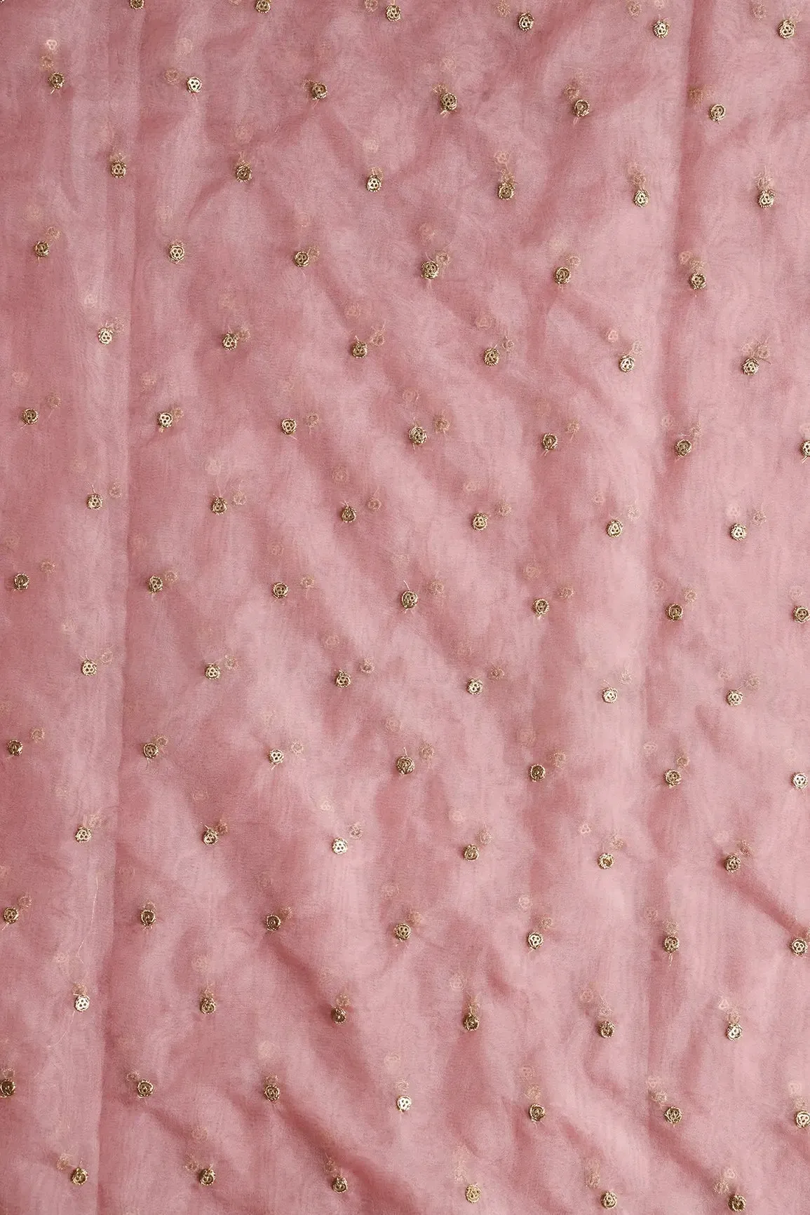 3.75 Meter Cut Piece Of Gold Zari With Gold Sequins Small Motif Embroidery On Pink Organza Fabric