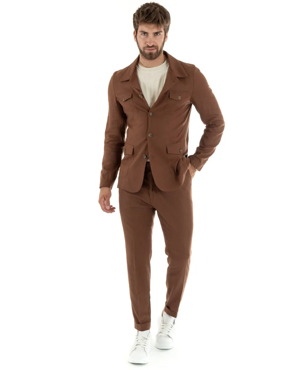 Abito Uomo Completo Lino Giacca Sahariana Pantaloni Tinta Unita Tabacco Casual GIOSAL-OU2337A