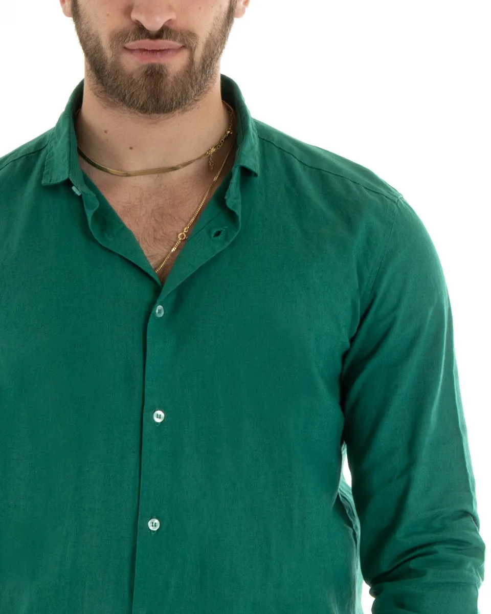 Camicia Uomo Con Colletto Tinta Unita Verde Lino Manica Lunga Casual Sartoriale GIOSAL-C2720A