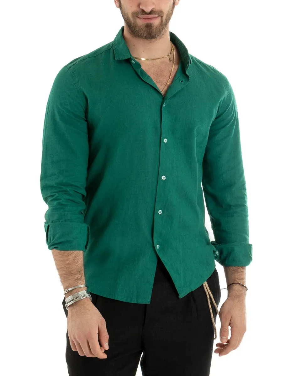 Camicia Uomo Con Colletto Tinta Unita Verde Lino Manica Lunga Casual Sartoriale GIOSAL-C2720A