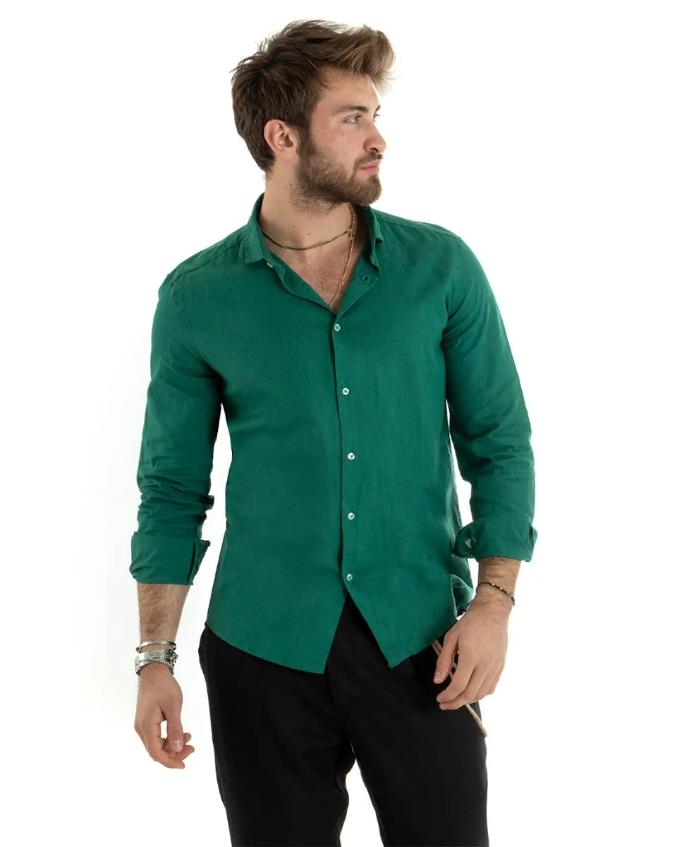 Camicia Uomo Con Colletto Tinta Unita Verde Lino Manica Lunga Casual Sartoriale GIOSAL-C2720A