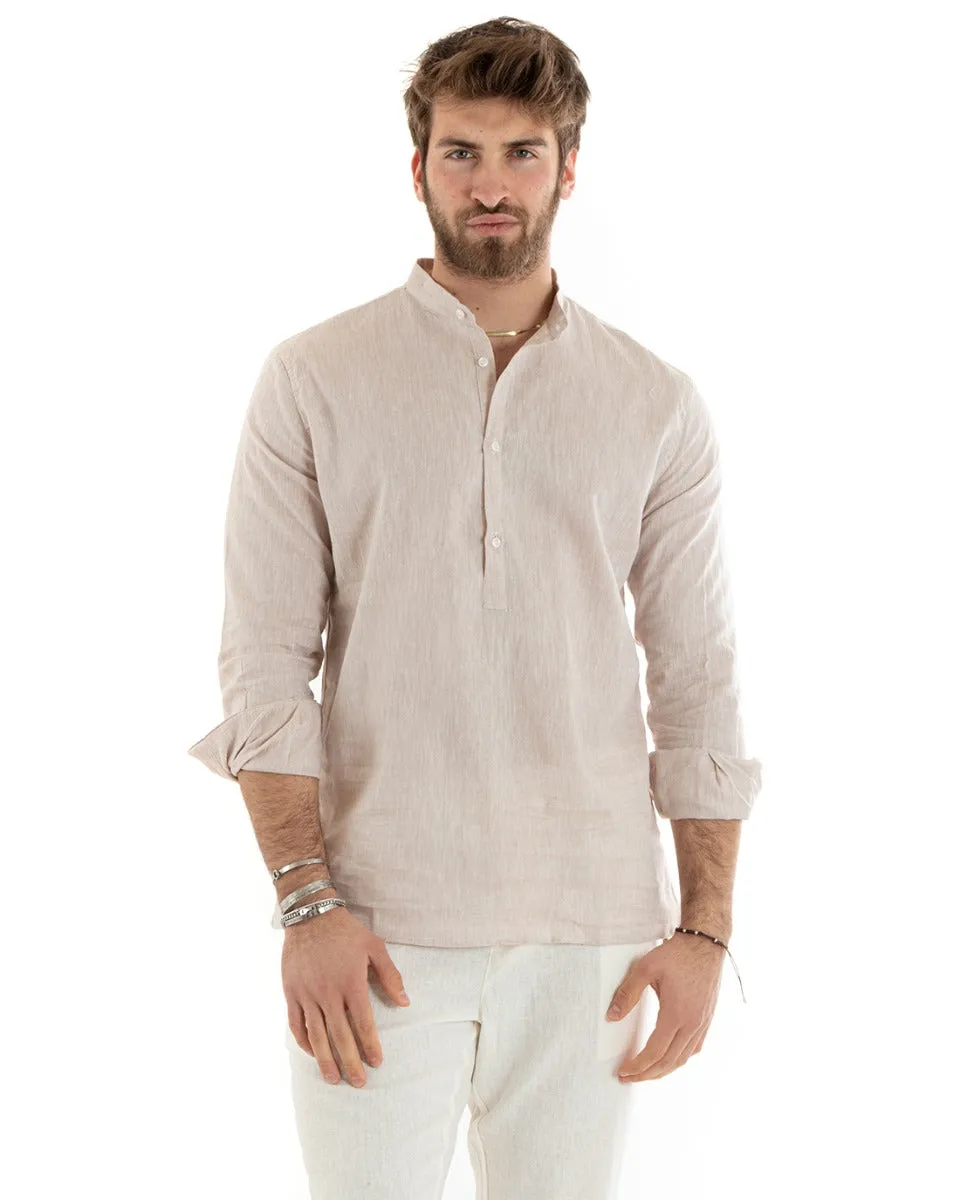 Camicia Uomo Serafino Casacca Manica Lunga Lino Tinta Unita Sartoriale Beige GIOSAL-C2815A