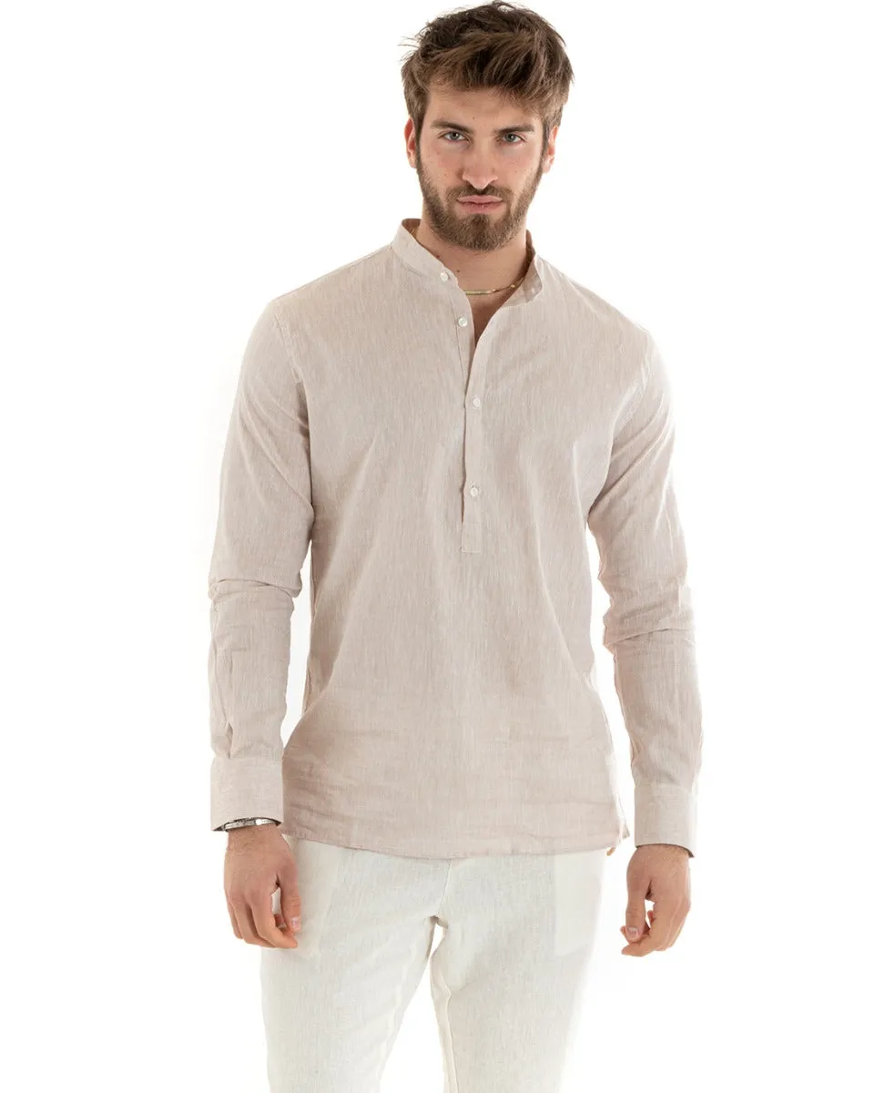 Camicia Uomo Serafino Casacca Manica Lunga Lino Tinta Unita Sartoriale Beige GIOSAL-C2815A