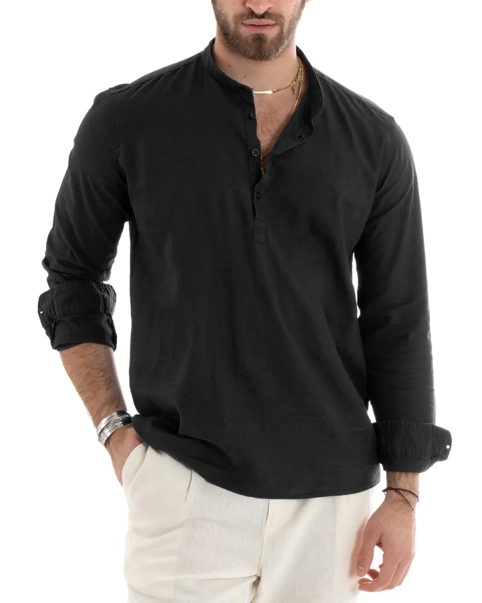 Camicia Uomo Serafino Casacca Manica Lunga Lino Tinta Unita Sartoriale Nero GIOSAL-C2805A