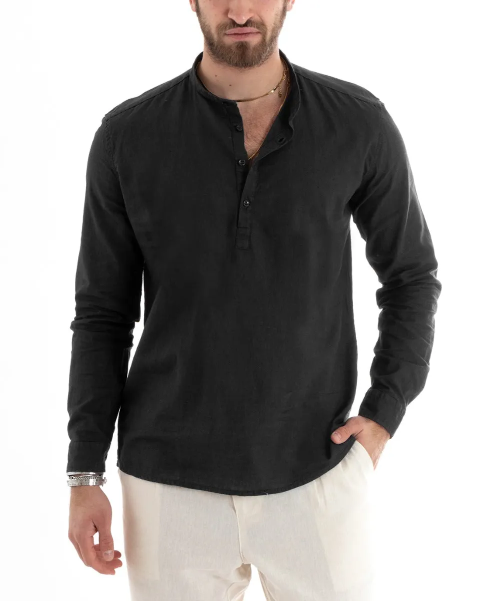 Camicia Uomo Serafino Casacca Manica Lunga Lino Tinta Unita Sartoriale Nero GIOSAL-C2805A