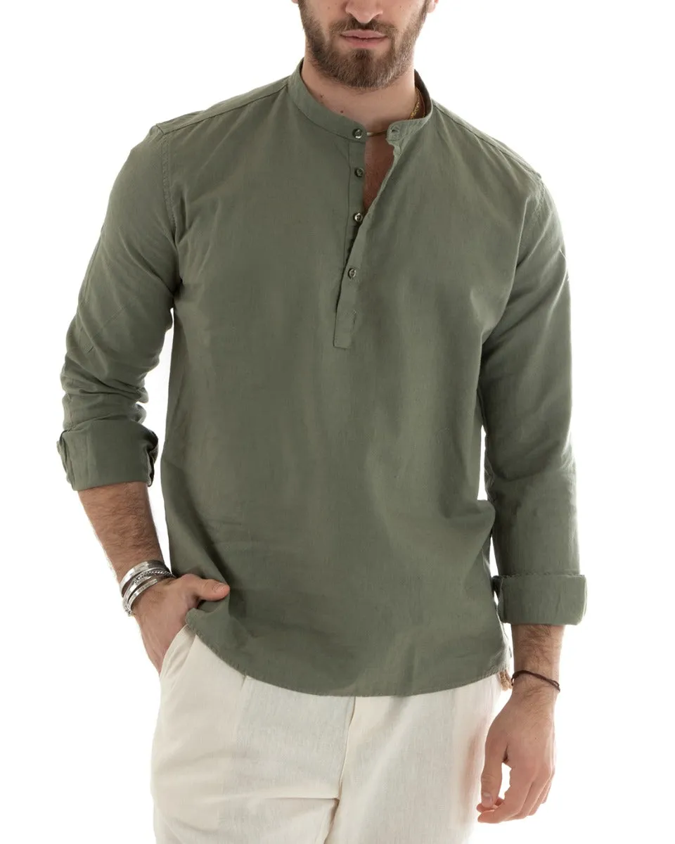 Camicia Uomo Serafino Casacca Manica Lunga Lino Tinta Unita Sartoriale Verde Militare GIOSAL-C2808A