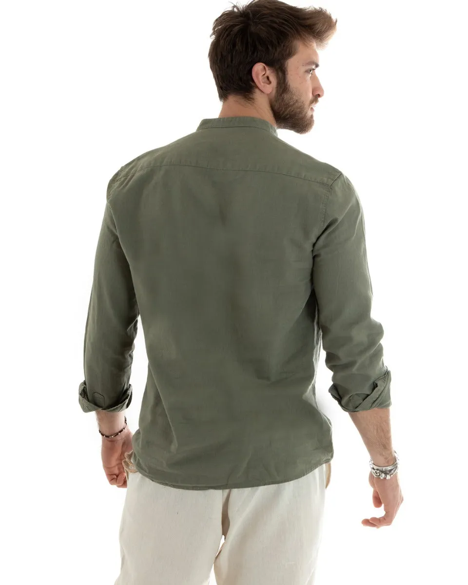 Camicia Uomo Serafino Casacca Manica Lunga Lino Tinta Unita Sartoriale Verde Militare GIOSAL-C2808A