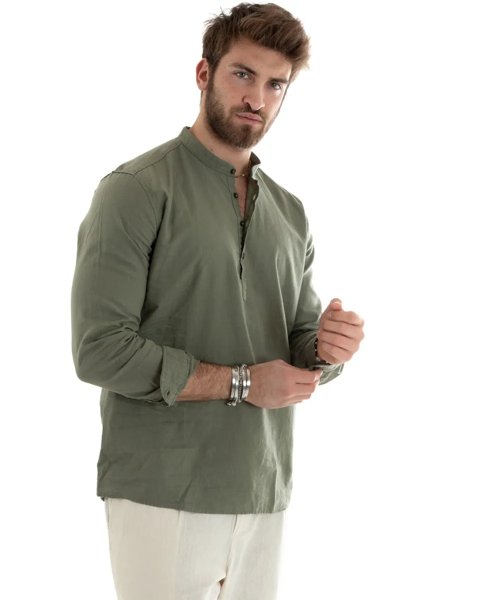 Camicia Uomo Serafino Casacca Manica Lunga Lino Tinta Unita Sartoriale Verde Militare GIOSAL-C2808A