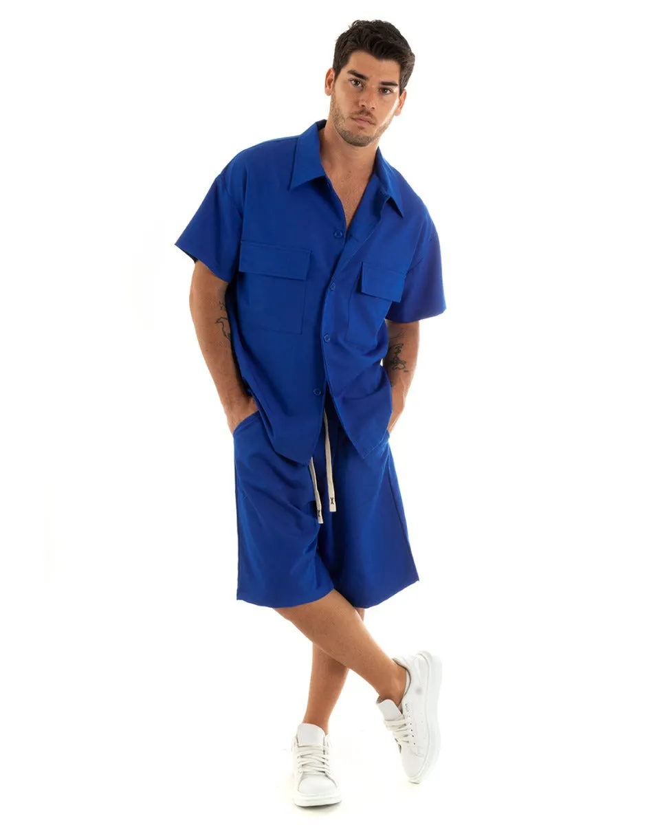 Completo Set Coordinato Uomo Viscosa Camicia Con Colletto Bermuda Outfit Blu Royal GIOSAL-OU2377A