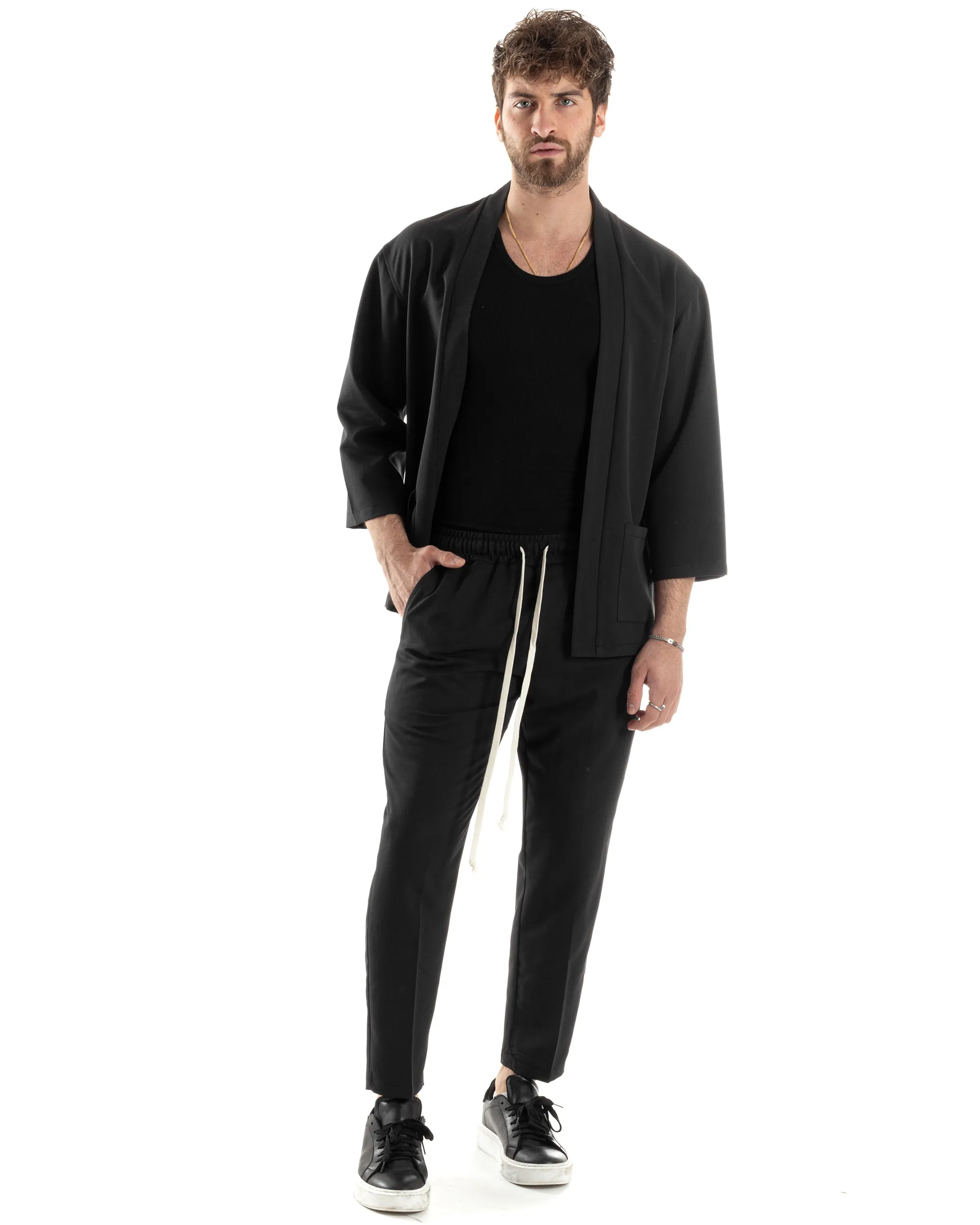 Completo Set Coordinato Uomo Viscosa Giacca Kimono Pantaloni Nero Casual Elegante GIOSAL-OU2445A