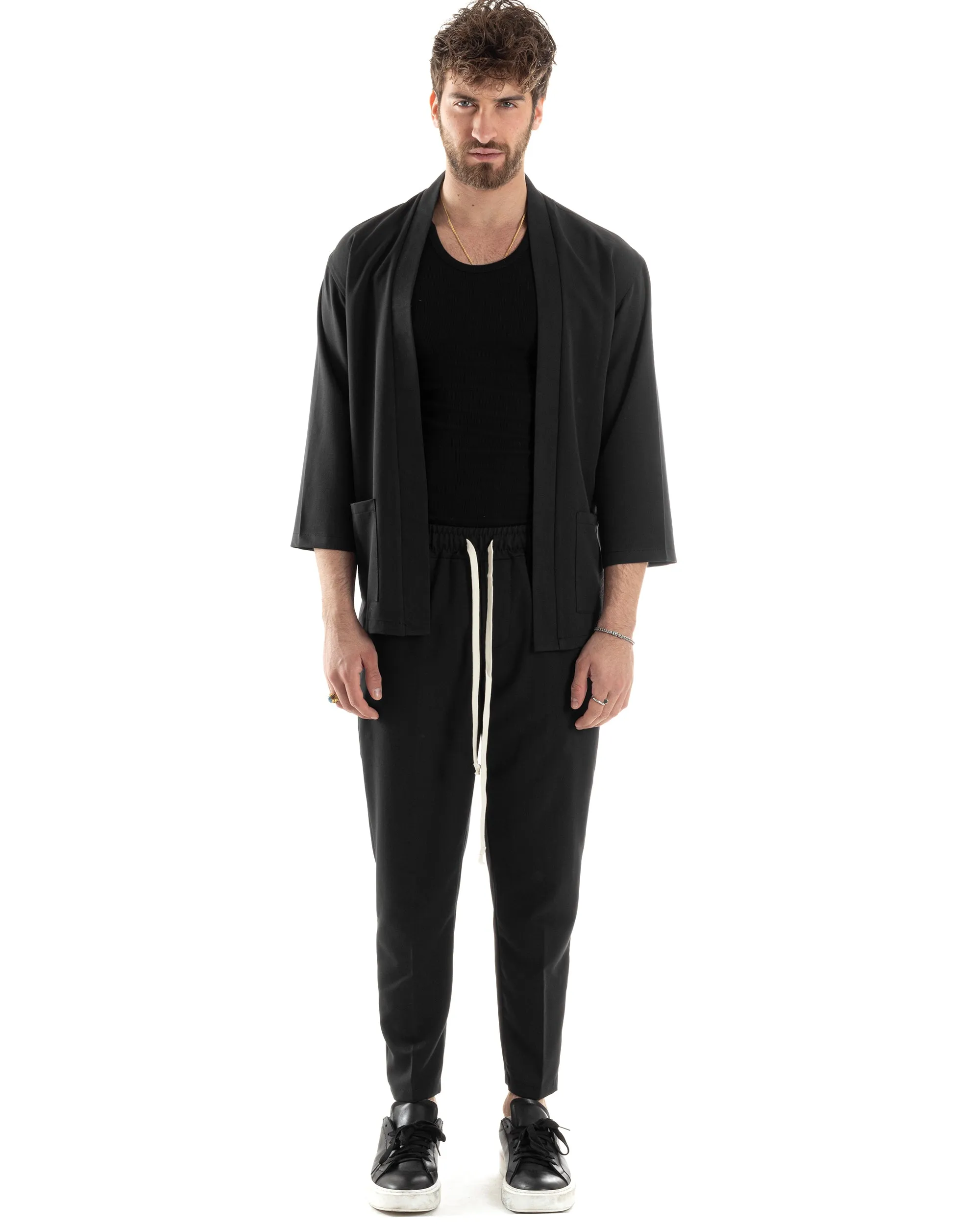 Completo Set Coordinato Uomo Viscosa Giacca Kimono Pantaloni Nero Casual Elegante GIOSAL-OU2445A