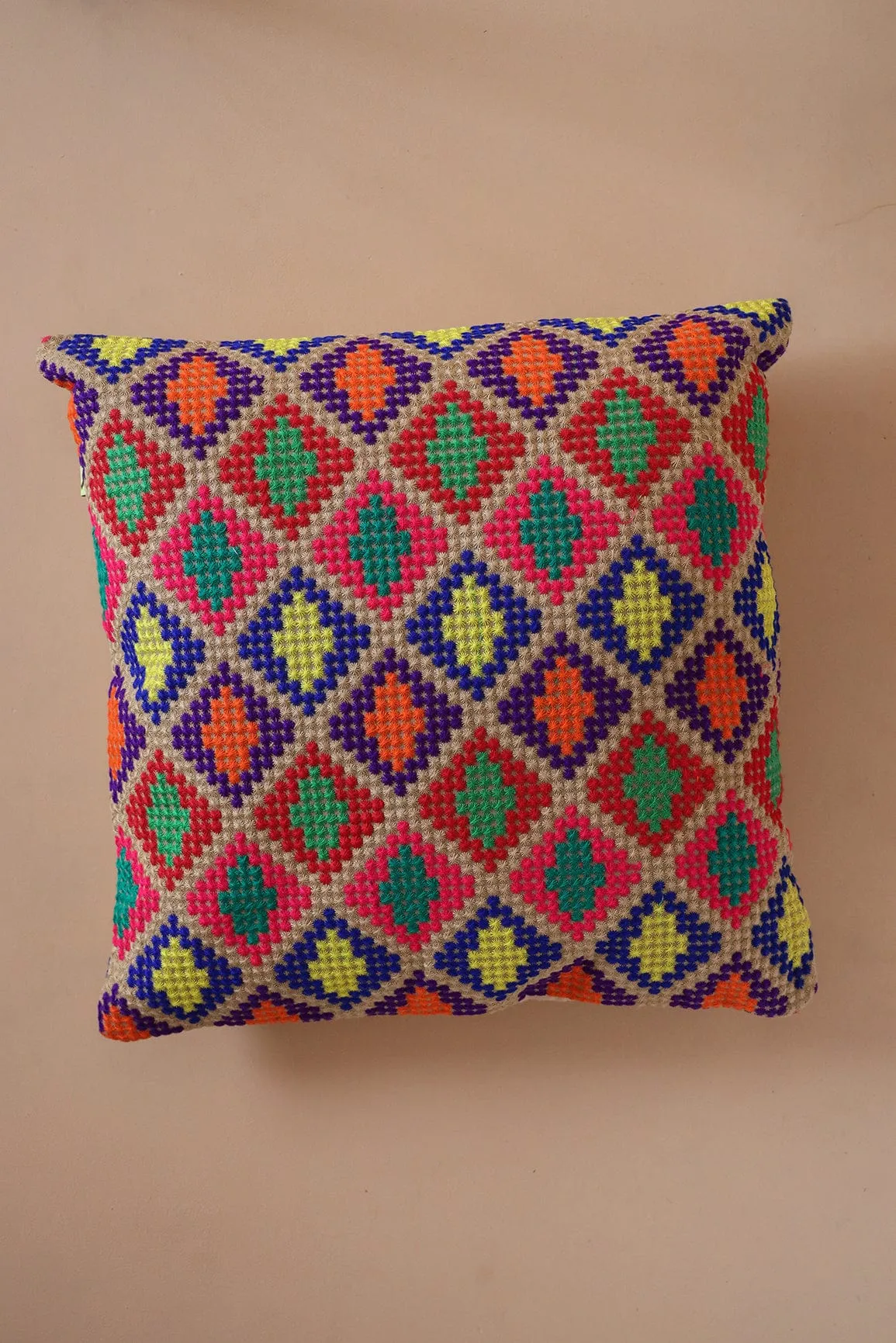 Dotted Pattern Multi-colour Embroidery on Off White cotton Cushion Cover (16*16 inches)