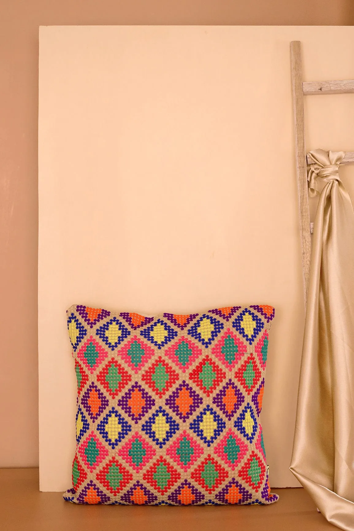 Dotted Pattern Multi-colour Embroidery on Off White cotton Cushion Cover (16*16 inches)