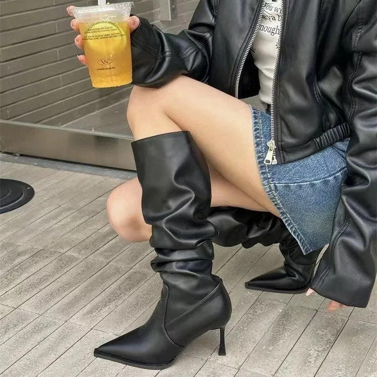 European And American Pointed Pleated High Boots