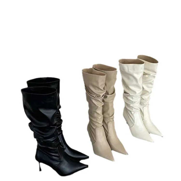 European And American Pointed Pleated High Boots