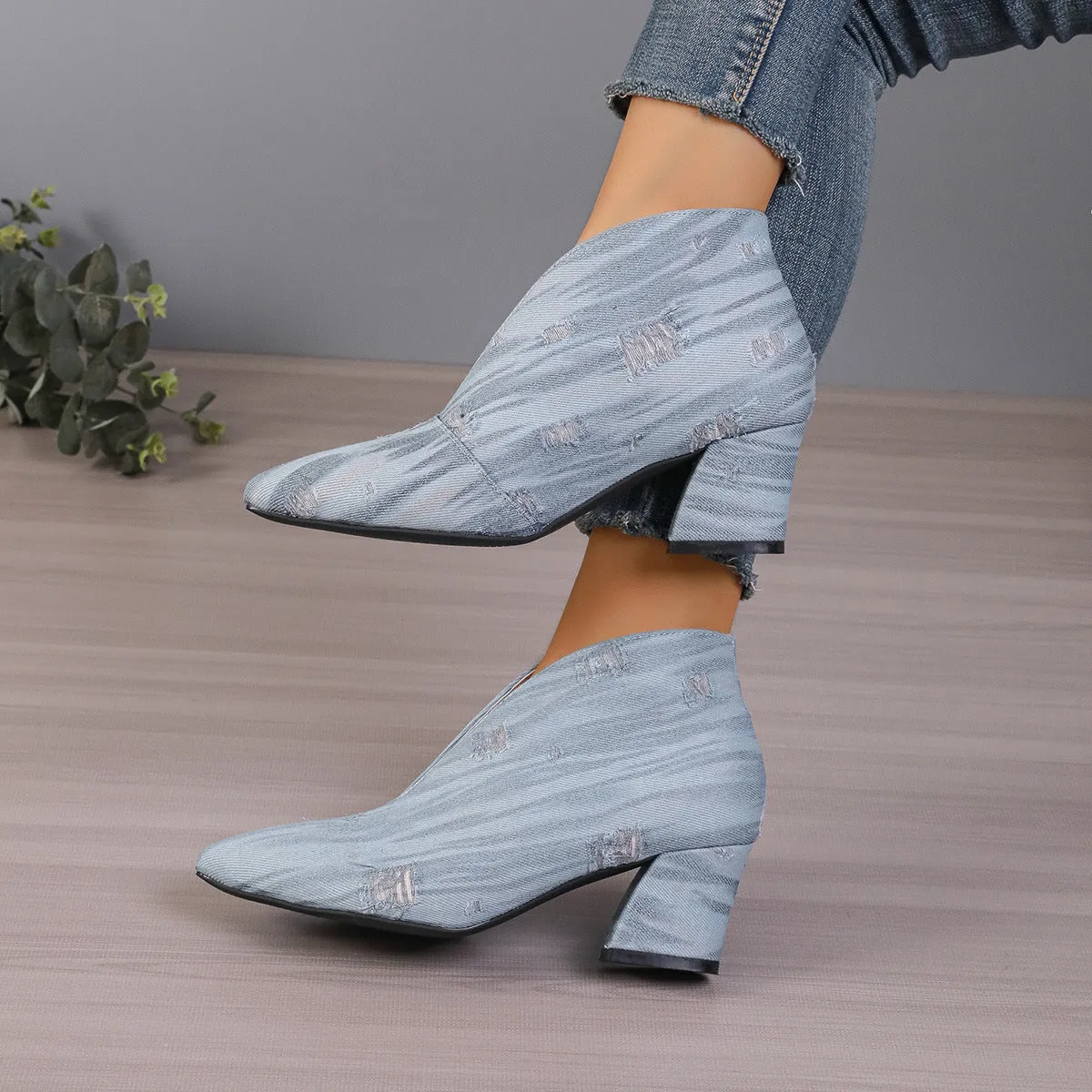 European And American V Cut Denim Bootie Women