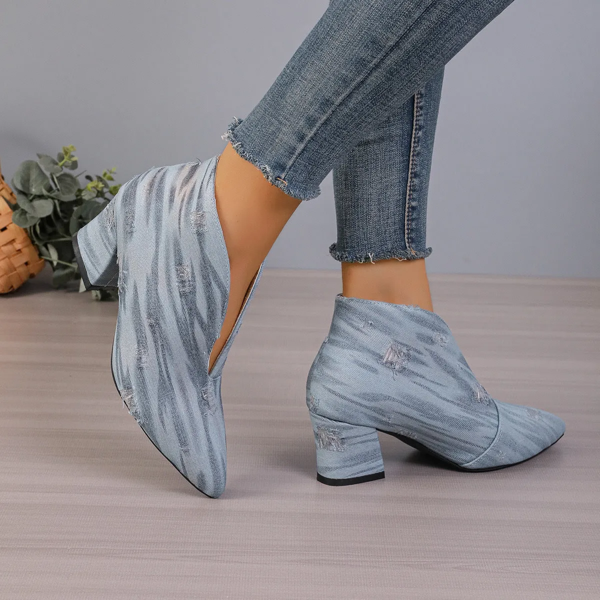 European And American V Cut Denim Bootie Women