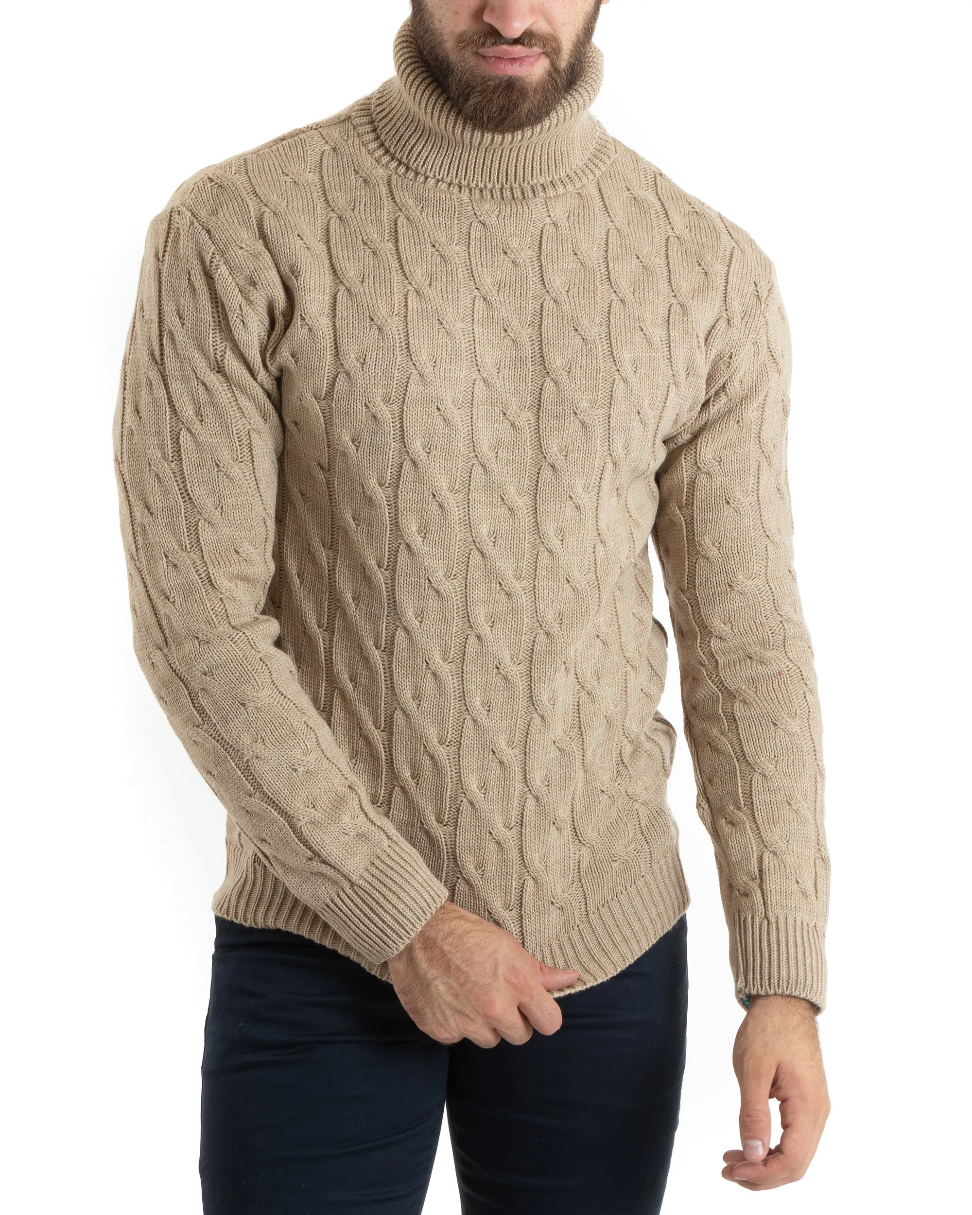 Maglioncino Uomo Collo Alto Maglia Inglese Con Trecce Beige Pullover Dolcevita GIOSAL-M2713A