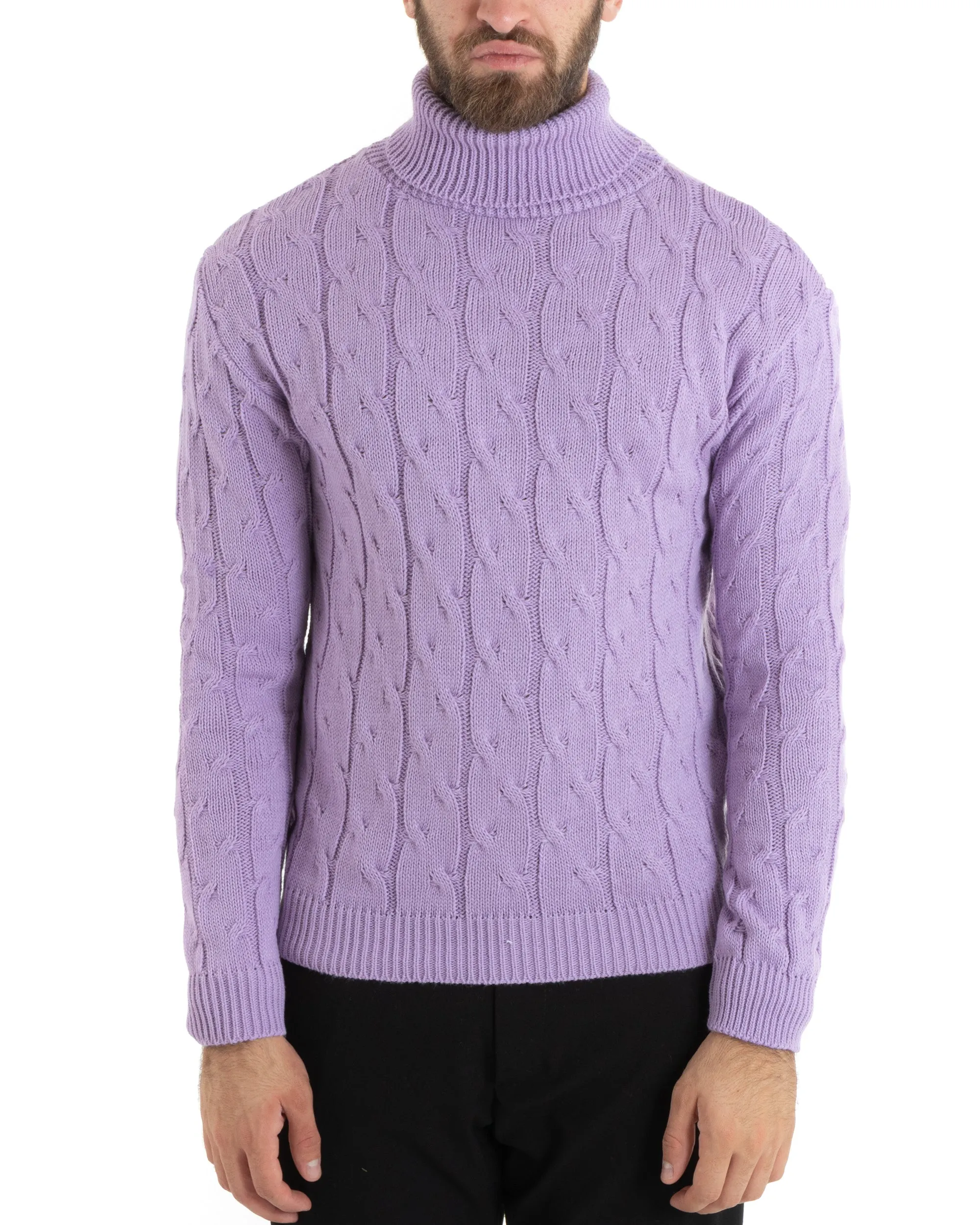 Maglioncino Uomo Collo Alto Maglia Inglese Con Trecce Glicine Pullover Dolcevita GIOSAL-M2712A