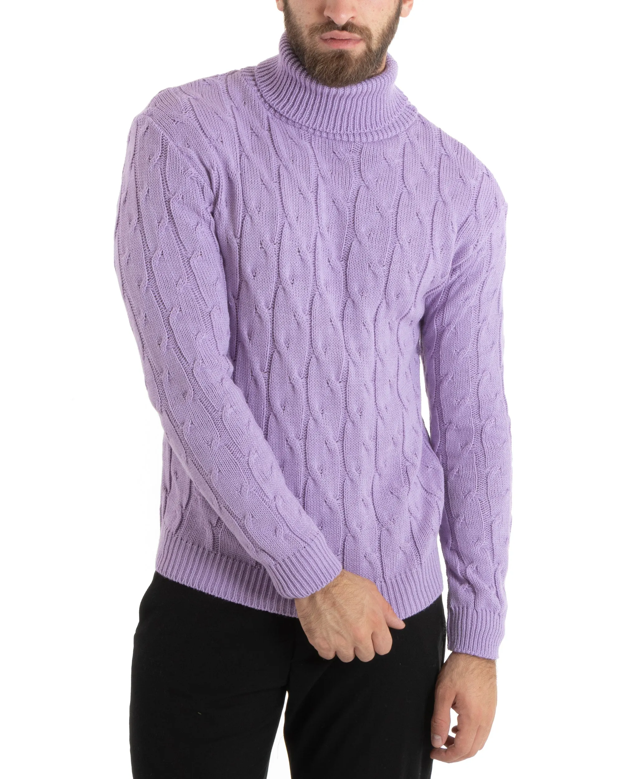 Maglioncino Uomo Collo Alto Maglia Inglese Con Trecce Glicine Pullover Dolcevita GIOSAL-M2712A