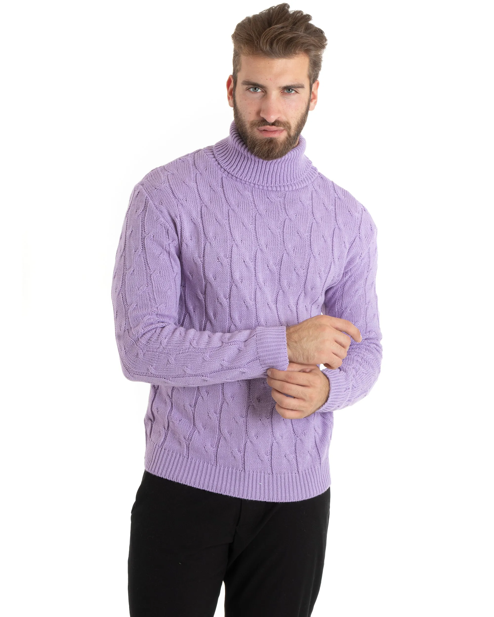 Maglioncino Uomo Collo Alto Maglia Inglese Con Trecce Glicine Pullover Dolcevita GIOSAL-M2712A