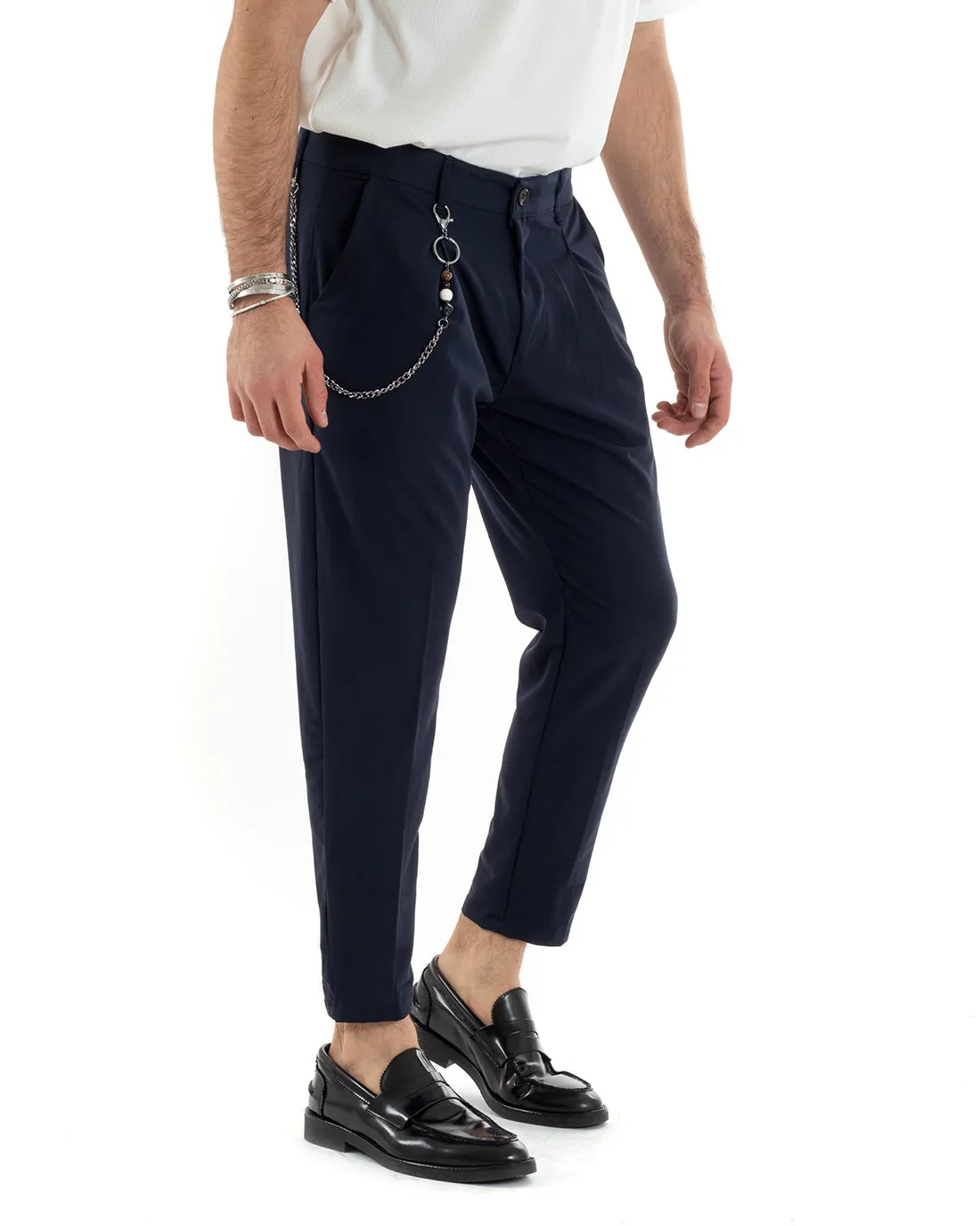 Pantaloni Uomo Tasca America Viscosa Blu Capri Casual Classico Pinces GIOSAL-P5947A