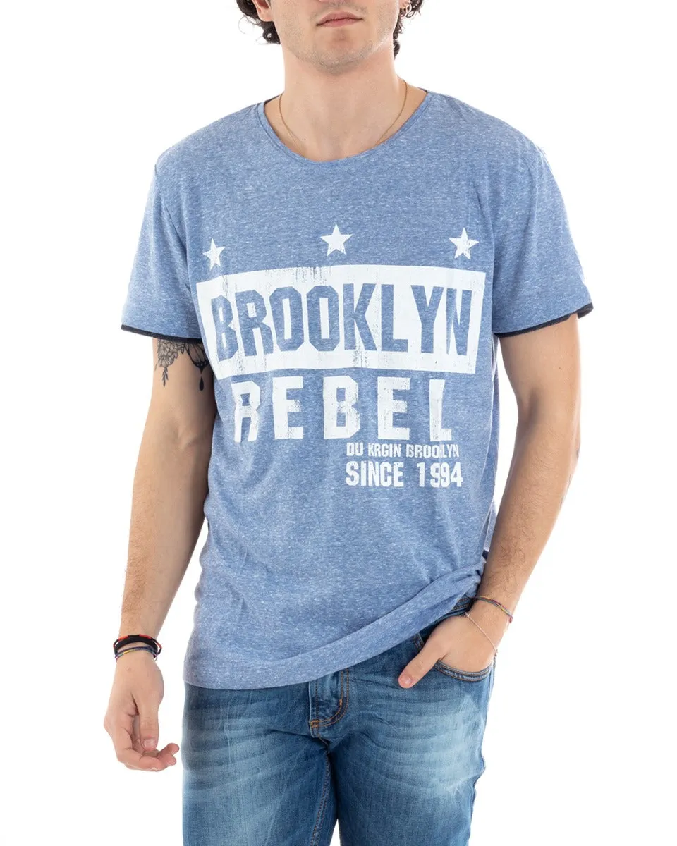 T-Shirt Uomo Mezza Manica Stampa Brooklyn Azzurra Girocollo Slim GIOSAL-TS2811A