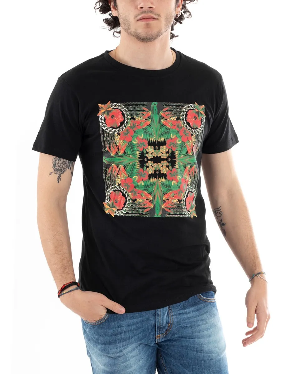 T-Shirt Uomo Mezza Manica Stampa Floreale Nero Girocollo Slim GIOSAL-TS2816A